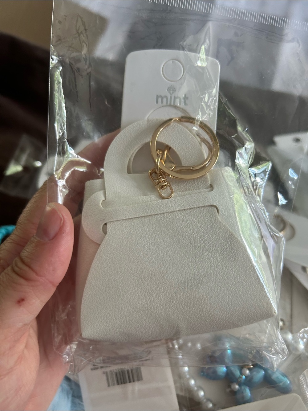4/$50 Mint White Mini Bag Keychain with Gold Hardware